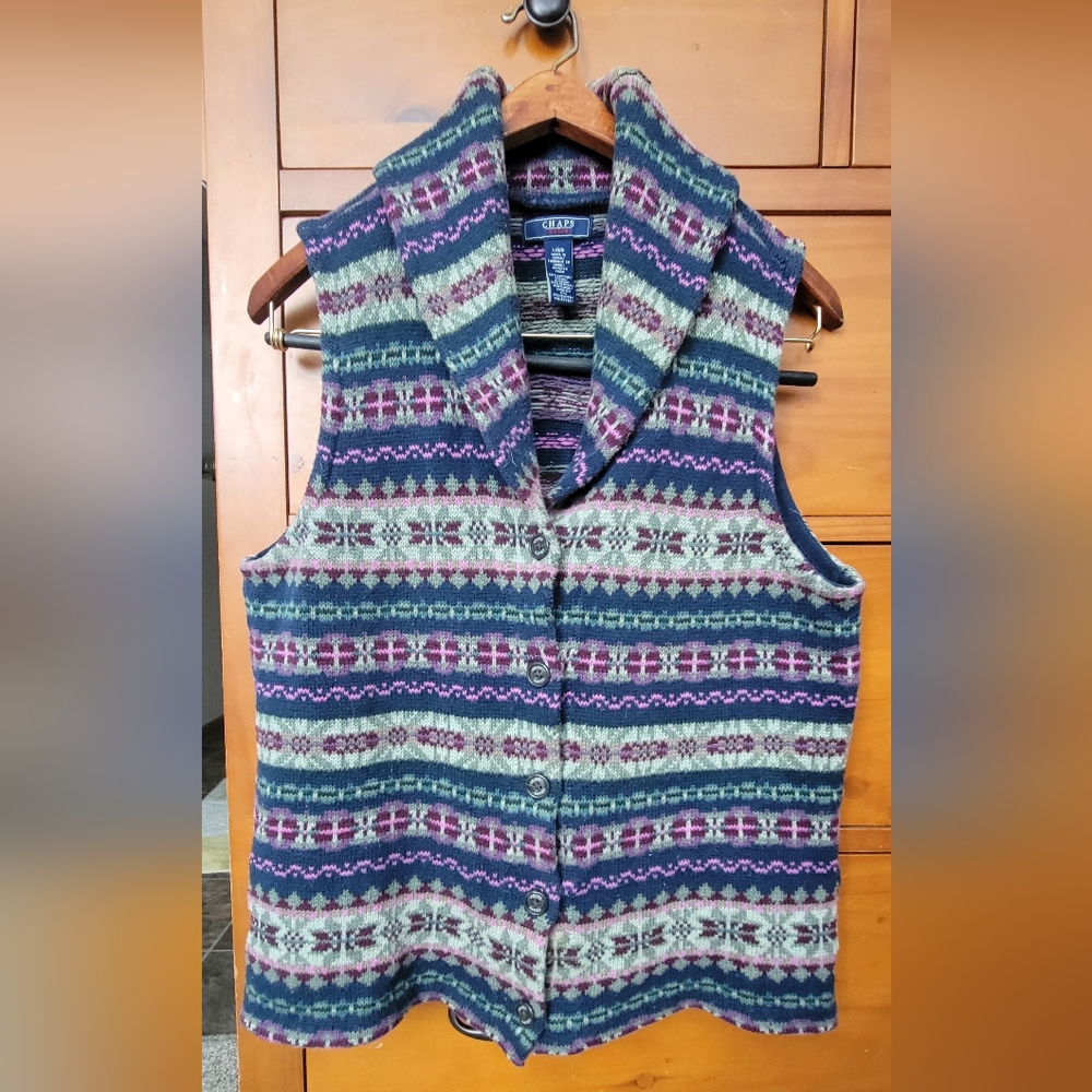 Chaps Button Up Sweater Vest Large  Grandmacore Cozy Layering Collared